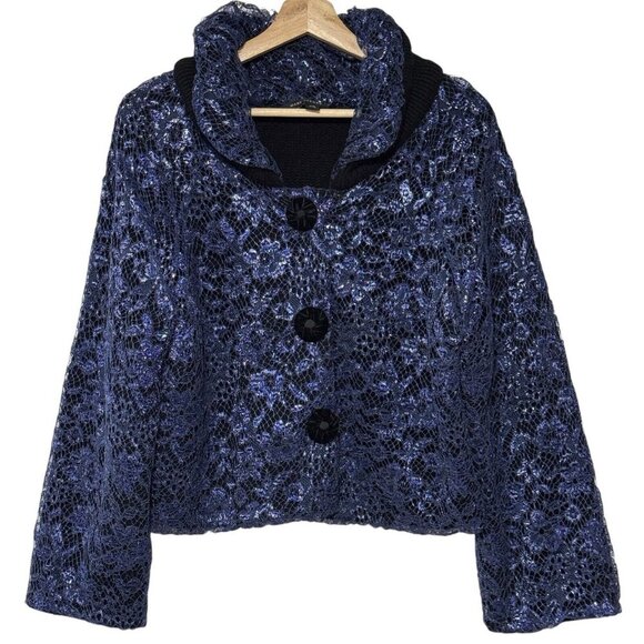 Marc Jacobs Bolero‎ Cashmere Crop Jacket Luxury Blue Metallic Floral Mesh Blazer - Picture 1 of 16
